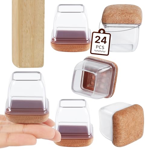 RCHYFEED 24 Protectores de Piso de Silla Mejorados de 0.7-1.25 Pulgadas,Tapas Transparentes Copas para Patas de Muebles con Almohadillas de Fieltro para Proteger Suelos de Madera Dura de Arañazos