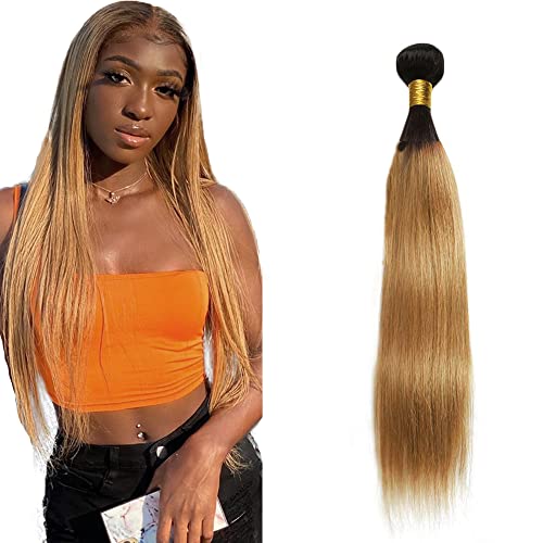 AuokMar Ombre Human Hair Bundles Single Bundle #1B 27 Tow Tone Straight Brazilian Remy Hair Bundles Hair Weave For Women Extensons With Dark Roots 26 Inch, AKMA1B27ST010