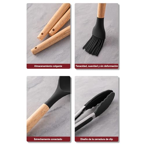ustensiles de cuisine, Kitchen utensils set 11 pièces with wooden handle silicone, Black – Image 5