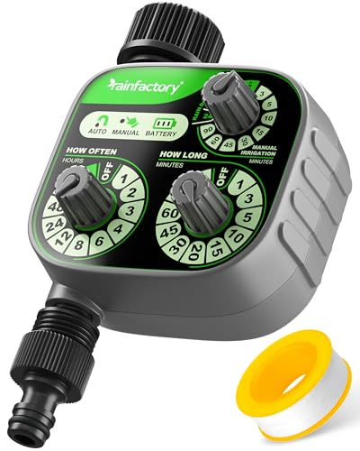 rainfactory Bewässerungscomputer - intuitive 3-Regler Wasserzeitschaltuhr für automatische & manuelle Bewässerung mit Regenverzögerung - wassersparend für Gartenbewässerung, Rasen, Balkon