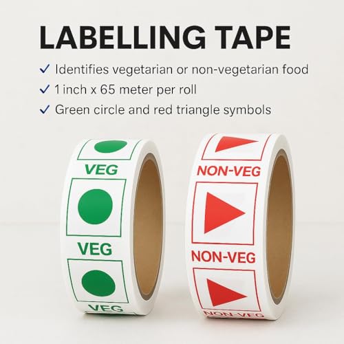 Image of Veg & Non-Veg Printed Tape Combo | Pack of 144 Rolls | 35 m x 24 mm (1 inch) | Self Adhesive BOPP Tapes with Green & Red Markings | Ideal for Food Packing & Box Sealing