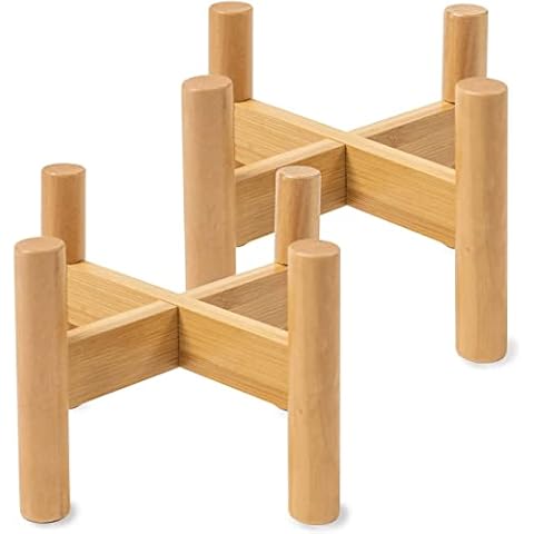 Set-of-two-bamboo-wood-stands - Plant stands for 4.5" wide small planter pots - Planter stands are 4" high and elevate the pot by 2.5" - Plant pot stands add elegance to your indoor pots Cover