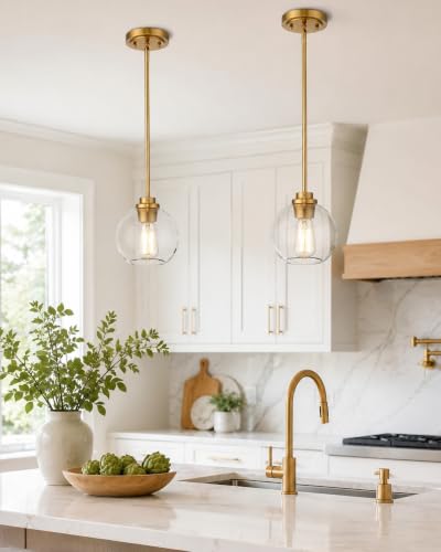 Image of Pendant Lights Kitchen Island, Modern Gold Pendant Light with Clear Glass Globe Shade, Farmhouse Hanging Light Fixtures for Dining Room Entryway, AD-22280-1P-GD-C