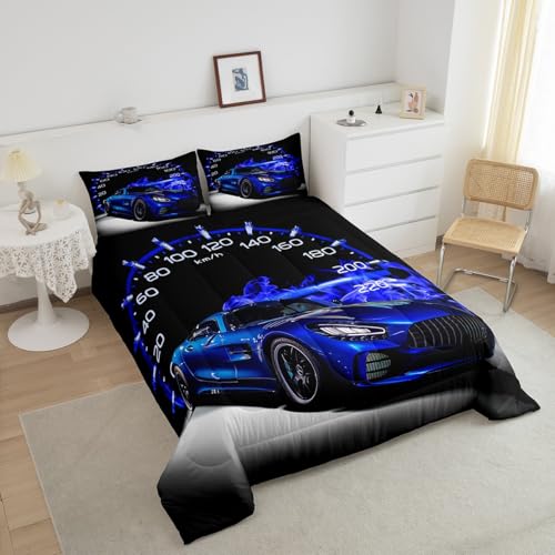 Image of Feelyou Race car Comforter Set Toddler Size for Girls Boys Cool Speed Sports Car Comforter Racing Car Bedding Set Extreme Sports Duvet Set 2Pcs Quilt Set