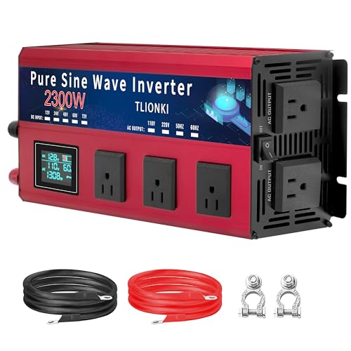 TLIONKI 2300W Pure Sine Wave Inverter, DC 12V to AC 110V/120V Power Inverter with 5 AC Outlets, LCD Display,4600W Peak 12 Volt Converter, Suitable for RV, Camping, Home & Emergency