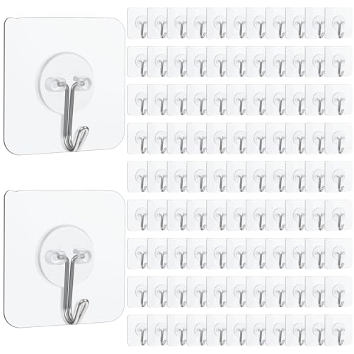 Image of MAQUITA 150 Pack Heavy Duty Adhesive Hooks, 24lb Max Clear Sticky Hooks for Walls, No Drill Reusable Transparent Hanging Hook for Kitchen, Bathroom, Office & Home Organization