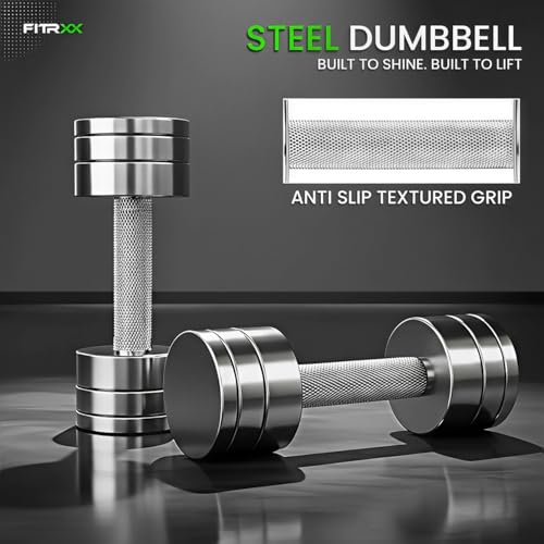 Image of Fitrxx Steel Dumbbell Set | Textured Knurled Grip Handle for Secure Hold | Chrome Finish Fixed Weight Dumbbells for Home & Gym Workout (10, Kilograms)
