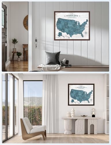 Image of IPIC - Custom USA Map Wall Art, Push Pin Travel Map with Custom Names to Track Your Travels, Vintage Teal Farmhouse Style Framed Canvas Wall Decor for Home, Office or RV, Ready to Hang