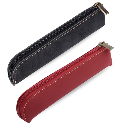 Image of Psyqtsuary Leather Pencil Case, 2 Pcs Slim Small Pencil Pouch Portable Flat Pen Pouch with Zipper Simple Makeup Bag Lipstick Case for Women Men Home, Office, Travel Outdoor (Black, Claret)