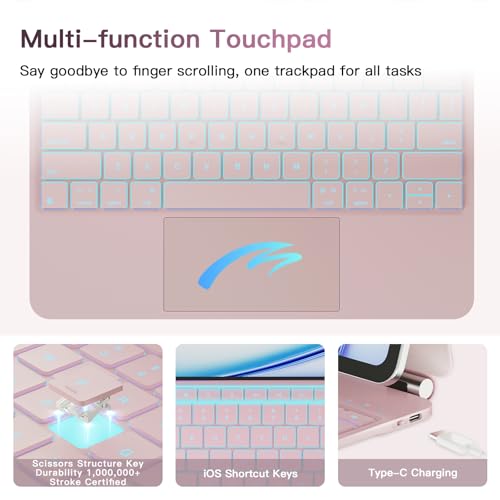 Image of RAYMCRAFT for iPad Air 13-inch Case with Keyboard (M4 /M3 /M2, 2026 /2025 /2024) & iPad Pro 12.9 inch (6th /5th /4th /3rd) Magic Keyboard, 11-Color Backlight, Multi-Touch Trackpad with Safe Pencil Buckle, Pink