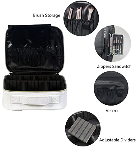 Chicreen Makeup Bag Cosmetic Bag Travel Makeup Bag With Adjustable Dividers Soft Handle, Portable Pu Leather Waterproof Toiletry Bag Artist Storage Bag, White #TOP2