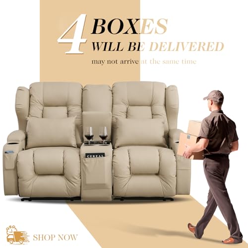 Image of Loveseat Recliner Sofa with Console,RV Wall Hugger Recliners for Small Spaces,Reclining Loveseat Sofa Recliner with Cup Holders /Lumbar Pillows,RV Furniture (Beige, 66 inch 2-Seater)