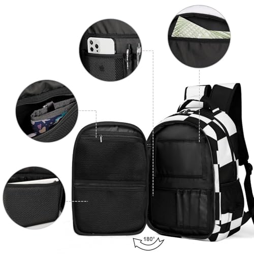 Unisex Backpack with Side Pockets, Women Men Durable Spacious Backpack, Black And White Race Checkered Sports Flags Comfy Shoulder Bag for Travel, Daily Commuting3