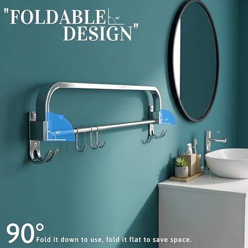 Image of GLOXY Premium 18 Inch Towel Holder for Bathroom - Stainless Steel Foldable Towel Rod with Hooks - Wall Mounted Towel Hanger with Chrome Finish - Space Saving Towel Bar - Bathroom Accessories