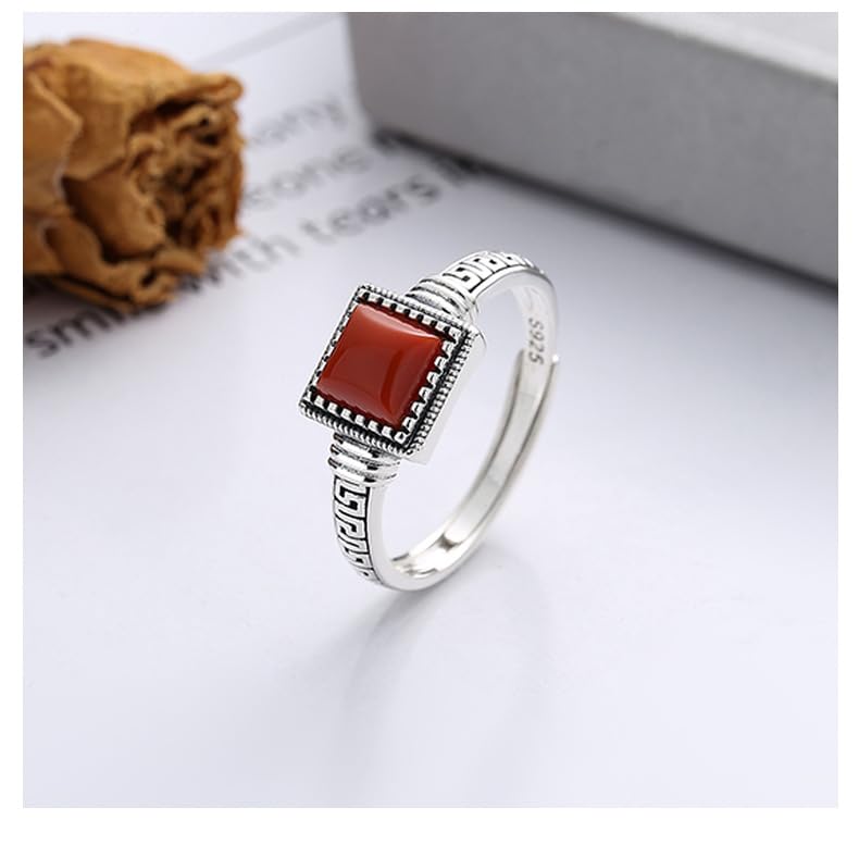 Anelli Donna,Anelli Aperti Regolabili In Argento Sterling 925, Anelli Vintage Quadrati In Agata Rossa, Anelli In Argento con Pietra Naturale, Anelli con Motivo Intagliato A Mano, Gioielli, Regali Pe