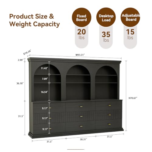 Image of ivaniti 71 inch Arched Kitchen Pantry Cabinet Set of 3 with 9 Drawers, Black Freestanding Storage Hutch with Open Shelves and Gold Handles for Kitchen, Dining Room