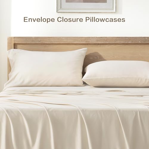 Image of Andency Beige Full Sheets Set 100% Viscose Derived from Bamboo | Cooling Summer Sheets, Deep Pocket Up to 16 inch, Silky Soft Hotel Luxury Breathable Bedding Sheets & Pillowcases