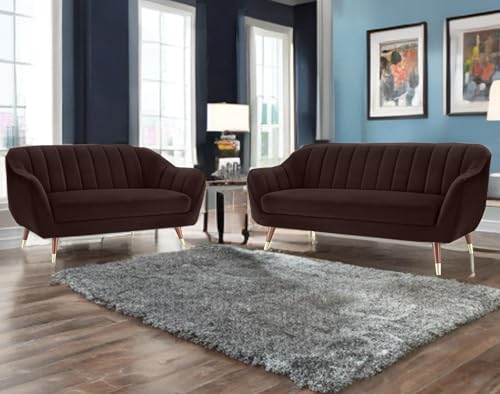 Image of AMATA Marino Solid Wood 3+2 Seater Brown Suede Velvet Fabric Sofa Set with Two Cushions Perfect for Home Office Guests Living Room (04 Brown, 3+2 Seater)(03 Year Warranty)