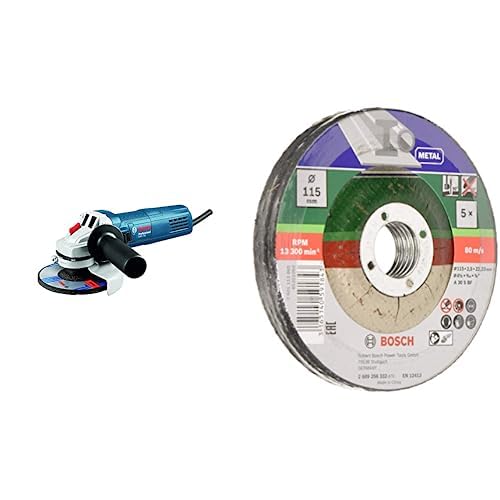 Bosch Professional GWS 700, Amoladora angular (700 W, 11000 rpm, Ø 115 mm, en caja) + Juego de 5 discos de tronzar, acodado...