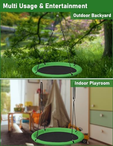 Image of 40 Inch Diameter Saucer Tree Swing Set for Kids & Adults, Adjustable Flying Swing Seat for Backyard or Outdoor Playground, Green & Black