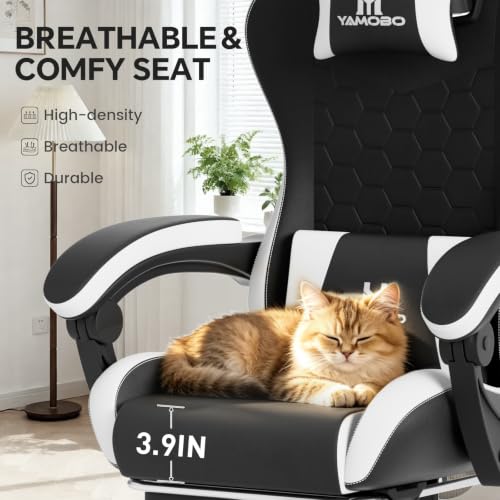 Image of Gaming Chair, Computer Office Chair with Footrest, Adjustable Height & Backrest Gaming Chairs with Swivel for Adults, High Back PU Leather Ergonomic Chair with Lumbar Support, Blackwhite