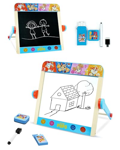 Paw Patrol Caballete de Mesa para niños, Pizarra 2 en 1 de Doble Cara y Pizarra Blanca para niños, estación de Arte portátil de 30 x 25 x 20 cm