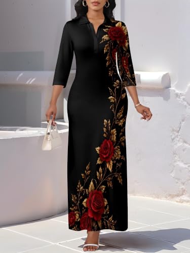 Image of PinkPatty Women's Casual 3 /4 Sleeve Polo V Neck Bodycon Maxi Dress