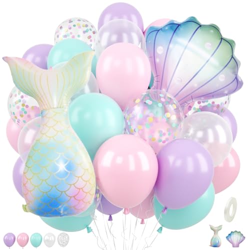 Mermaid Balloons 12 Inch Maca Pink Purple Green Clear Pearl White and Confetti Balloons with Shell Foil Balloon for Ocean Themed Girls Kid Party Birthday Under the Sea Baby Shower Decorations