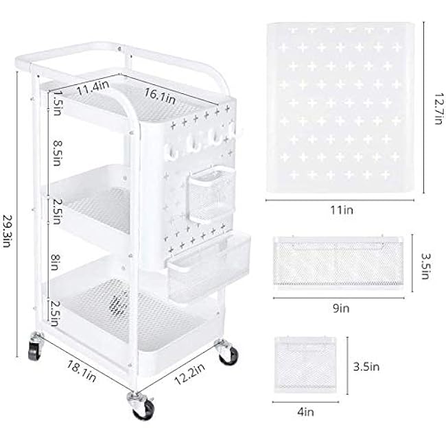 3-Tier Metal Rolling Utility Cart with Handles and Peg Board Hooks Baskets Locking Wheels, Storage Trolley Storage Shelves Service Cart for Kitchen-L3LNeznd