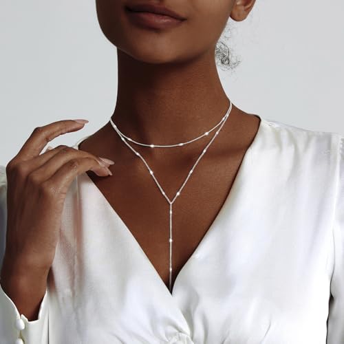 luxval lariat silver necklace for women dainty long necklace silver y-shaped pendant necklaces trendy beaded chain drop necklaces jewelry for women gifts