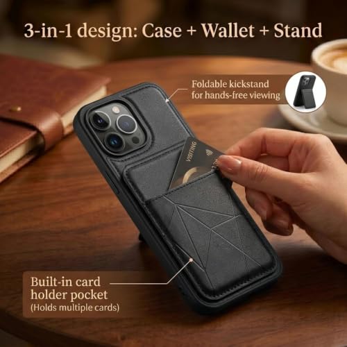 Image of amazon basics Premium Vegan Leather Back Cover with Card Holder and Integrated Mobile Stand for iPhone 13 Pro Max - Slim Shockproof Wallet Case with Geometric Stitching [Black]