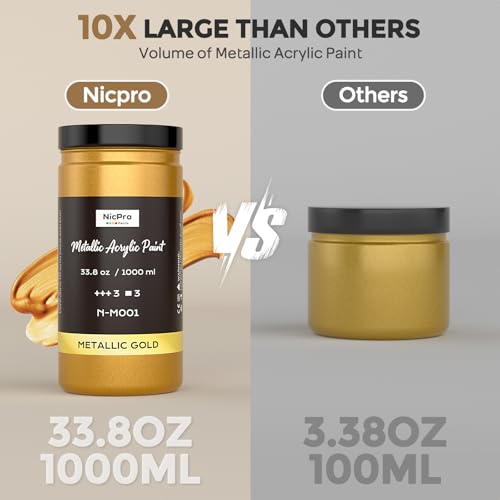 Image of Nicpro Acrylic Paint Metallic Gold, 33.8oz /1000ml Large Gold Leaf Paint | Non Toxic, Non Fading for Art Painting, Handcrafts, Ideal for Multi-surface, Canvas, Wood, Clay, Fabric, Metal, Furniture
