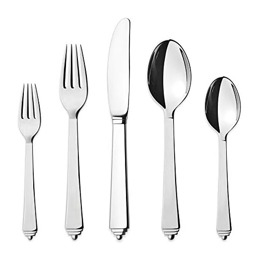 Georg Jensen Pyramid Bestickset, 5 st - 1x lång middag kniv, 1x middag gaffel, 1x Mindre Förrätt gaffel, 1x middag sked och 1x Tea Spoon, högglanspolerat rostfritt stål 18/8 med Harald Nielsen