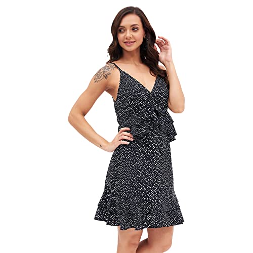 Image of Kibo Casual Women's Black Polyester Polka-dot V Neck Tiered Dress