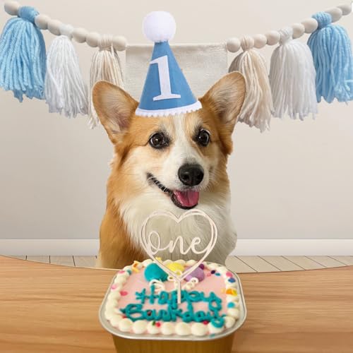 Image of First Birthday Party Decorations Blue Highchair Wood Bead Tassel Garland 1st Birthday Crown Cake Topper