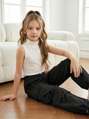 JiAmy Mädchen Cargo Hose Weites Bein Elastischer Bund Kinder Freizeit Hose mit Taschen Atmungsaktiv Leicht Verstellbare Bündchen Y2K Streetwear Hosen für 13-14 Jahre