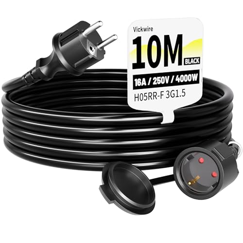 Vickwire Außen Verlängerungskabel 10 m Gummikabel mit Schutzkontaktstecker Schuko externes Kabel mit Schutzkappe 16 A/250 V schwarz H05RR-F 3G 1 5 mm IP44
