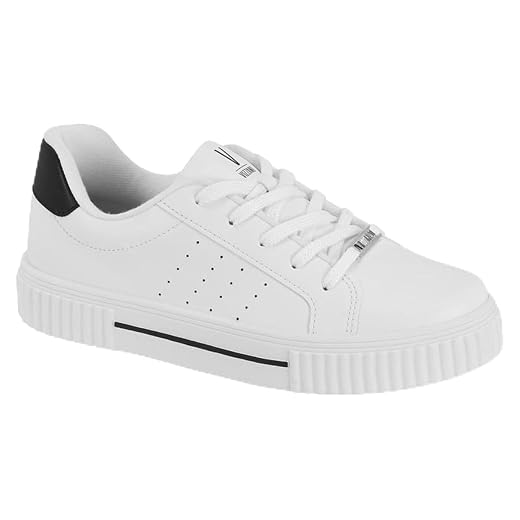 Tênis Branco Feminino Casual Flatform – Pelica Sintética, Cadarço, Solado Antiderrapante e Palmilha Confortável