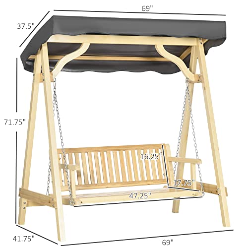 Outsunny Wooden Porch Swing Bench, 2-Seater Outdoor Swing Glider With Adjustable Canopy, Adjustable Hanging Chains, A-Frame, For Garden, Poolside, Backyard, Gray #TOP2