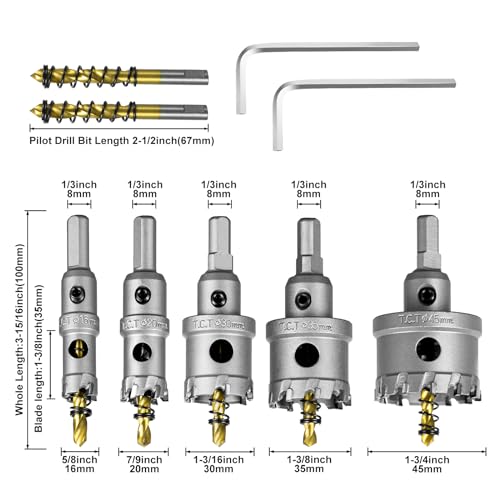 SALI 5PCS TCT Carbide Hole Saw Kit for Hard Metal 5/8"-1-3/4"(16/20/30/35/45mm) Tungsten Carbide Tipped Hole Cutter Set including Titanium-Plated Pilot Drill bit for Metal Stainless Steel - Image 2