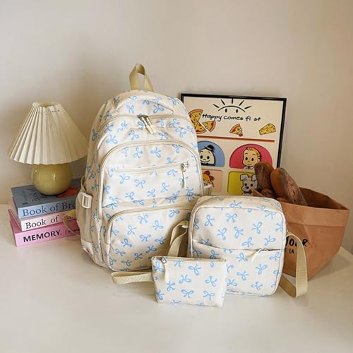 Coquette Bow Backpack 3Pcs Set - Cute Kawaii Daypack for Women/Girls | Multi-Pocket Aesthetic Rucksack with Pink Bow Pattern (Bow Blue)2