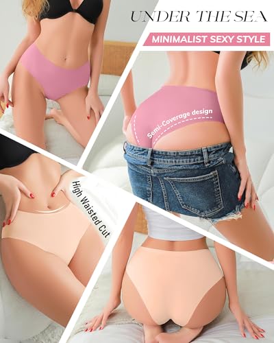 Image of UNDER THE SEA Seamless Underwear for Women Plus Size Mid Rise Lingerie Brief Sexy No Show Panties Womens Cheeky 5 Pack XS-3XL