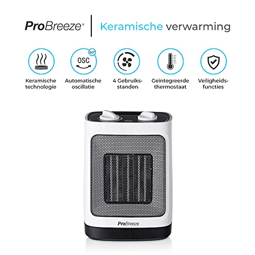 Pro Breeze Mini Keramische Ventilatorkachel - Ruimteverwarmer met automatische Oscillatie en 2 Warmteinstellingen (2000W) - Image 3