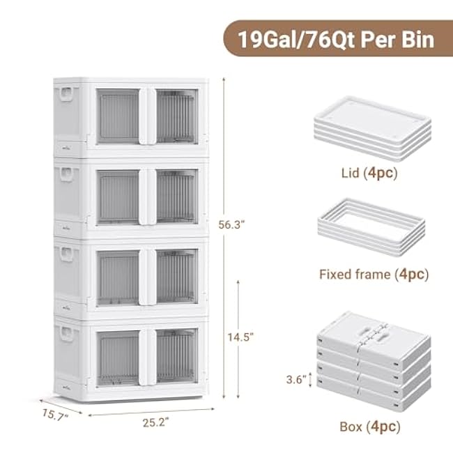 400QT Plastic Storage Bins With Lids, 100Gal Stackable Boxes With Wheels and Doors, Folding Closet Organizers, Cabinet for Closet Home Dorm, 4 Pack White