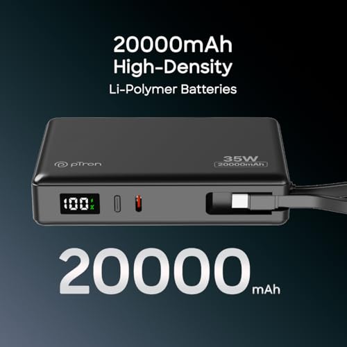 Image of pTron Dynamo Sprint 20000mAh Power Bank w /Built-in Charging Cable, 35W Super Fast Charging, USB Type-C Input Powerbank Compatible with QC3.0 /PD3.0, 3 Charging Outputs, Type-C Input /Output Port(Black)