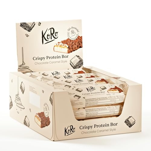 KoRo - Crispy Protein Bar Chocolate Caramel Style 12 x 60 g - Hoher Proteingehalt - Ohne Zuckerzusatz* - Karamellgeschmack