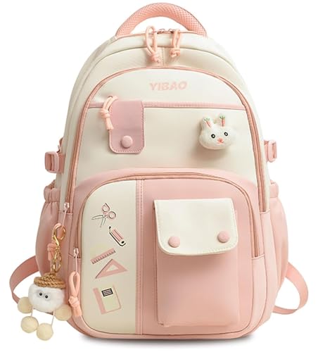 Image of Cute School Backpack for Girls - Stylish Pink & White Large Capacity Bookbag with Plush Keychain, Multiple Pockets, Lightweight Travel & College Bag