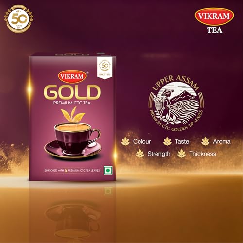 Image of VIKRAM Gold Premium CTC Tea | Blended With 5 Unique Types Of Leaves From Upper Assam And Enriched With Orthodox Tea Leaves | Rich & Aromatic Chai | Premium | 250g x Pack of 3
