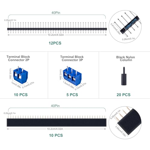 78Stk Lochrasterplatte Kit,21er Doppelseitig PCB Board Leiterplatte Lochrasterplatine Lochplatine,22Stk Männlich Weiblich 40 Pinne Kopfleiste,15Stk 2P&3P Screw Terminal mit 20 Tabletten Nylonsäule