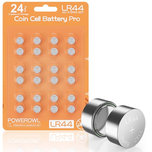 POWEROWL Lot de 24 Piles Bouton LR44 1,5V Alcalines, Piles AG13 A76 357 303 Haute Performance pour Jouets, Petites Lampes LED, Montres et Calculatrices Jaune